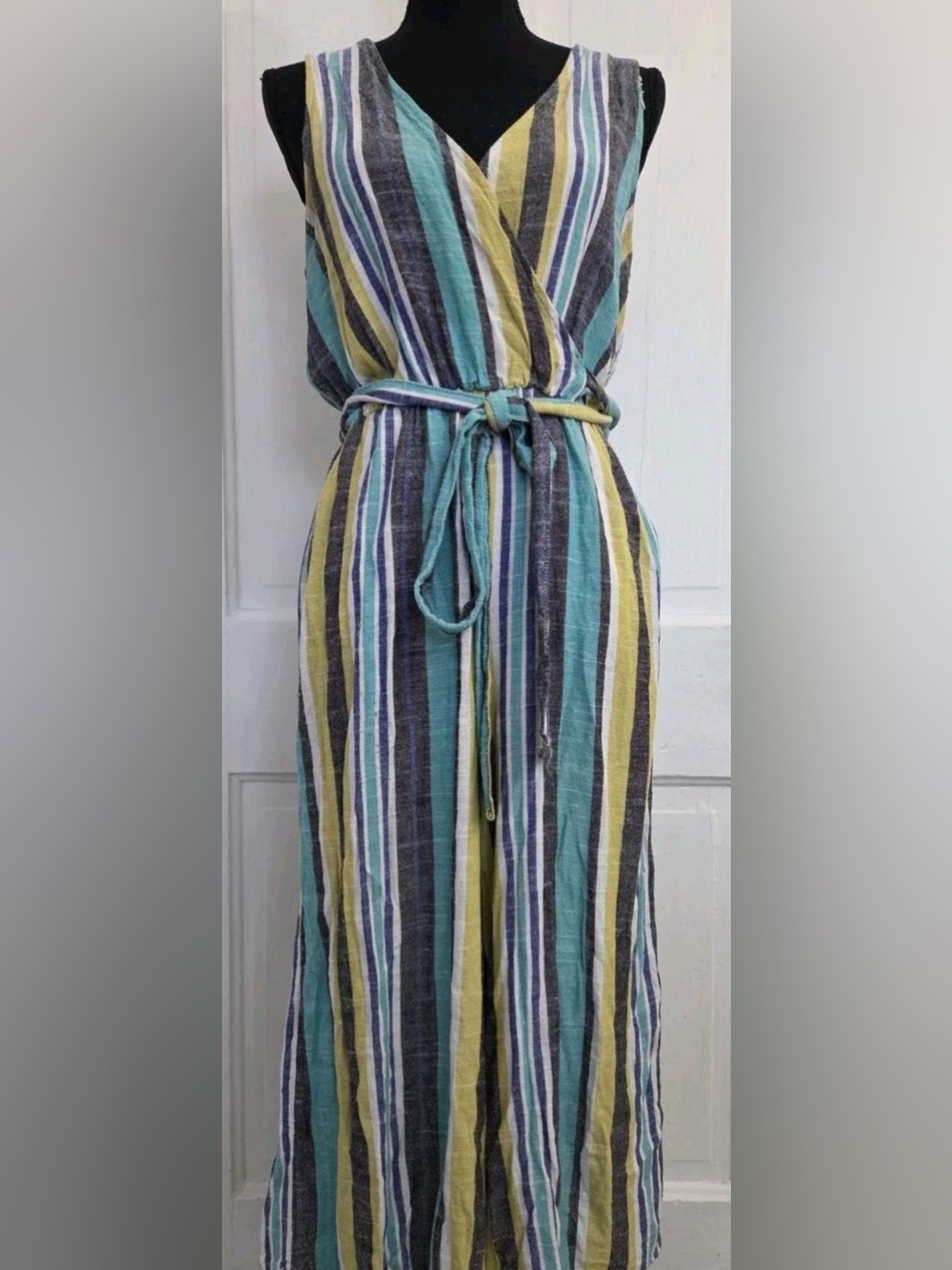 Lulu's Teal, Yellow & Charcoal Striped Sleeveless Wrap Jumpsuit